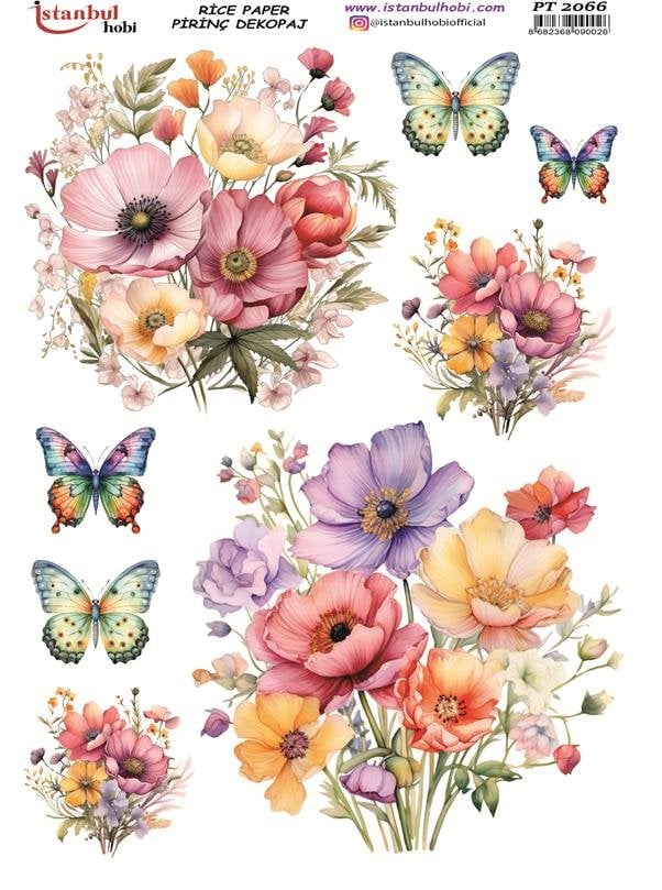 Pirinç Dekopaj Kağıdı 30x42cm PT-2066 Kelebek ve Çiçekler