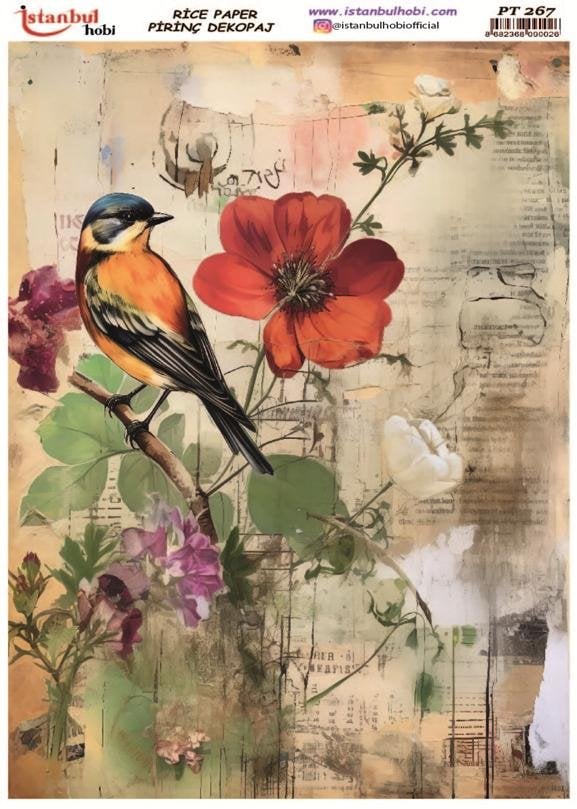 Pirinç Dekopaj Kağıdı 30x42cm PT-267 Kuş Çiçek