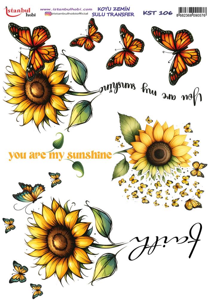 Koyu Zemin Sulu Transfer Kağıdı 25x35cm KST-106 Ayçiçeği Kelebek