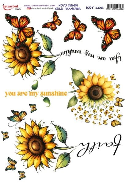 Koyu Zemin Sulu Transfer Kağıdı 25x35cm KST-106 Ayçiçeği Kelebek