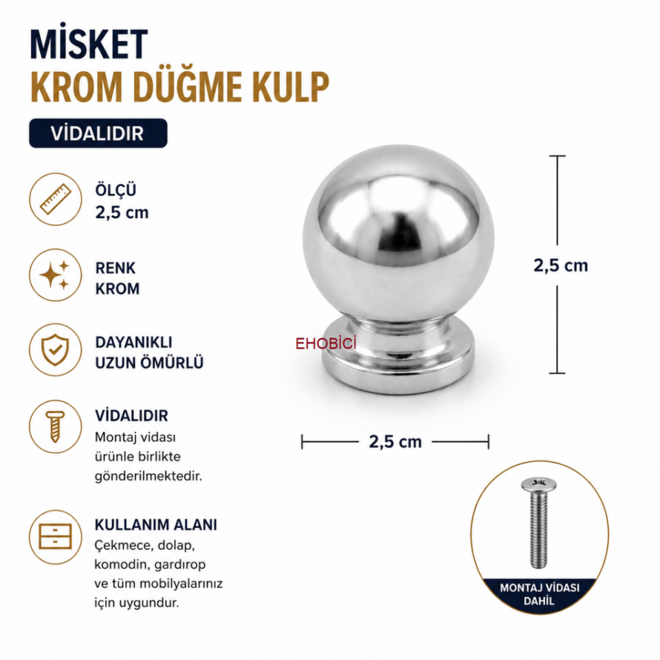 Misket Krom Düğme Kulp 2,5cm
