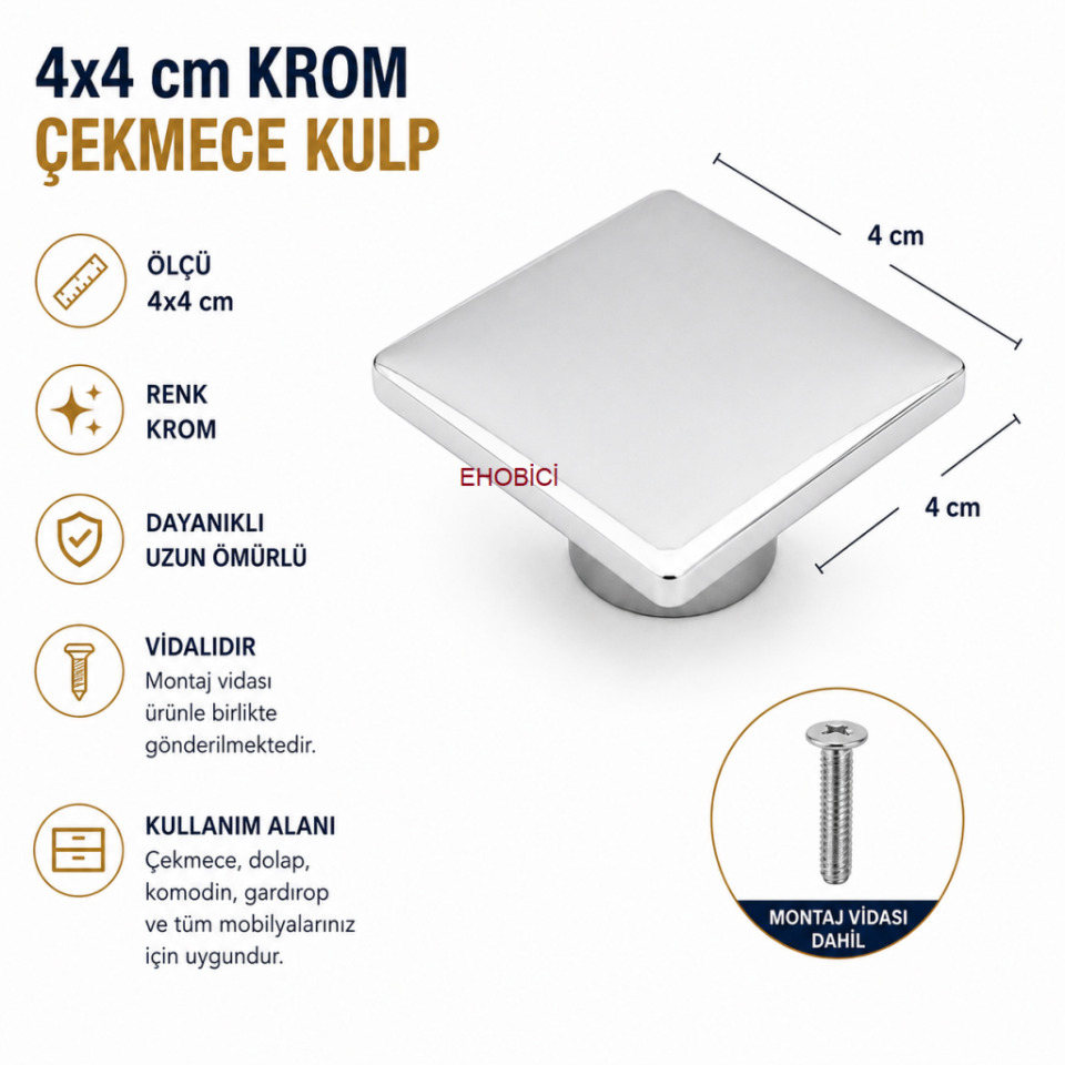 Kare Krom Düğme Kulp 4cm