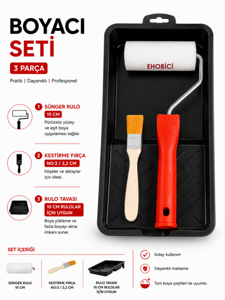 Ehobici Boyacı Seti Sünger Rulo Fırça Seti + Kestirme Fırça No3