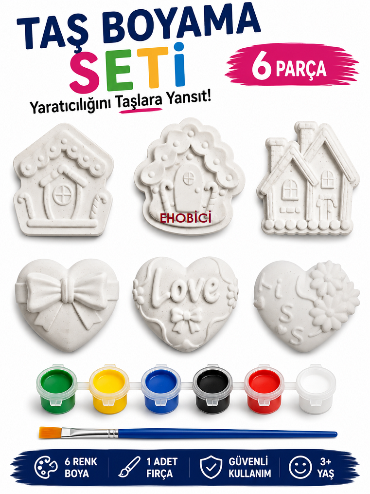 Ehobici Taş Boyama Seti Evler ve Kalpler 6 Renk Akrilik Boya 5ml + Fırça