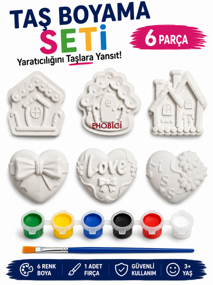Ehobici Taş Boyama Seti Evler ve Kalpler 6 Renk Akrilik Boya 5ml + Fırça