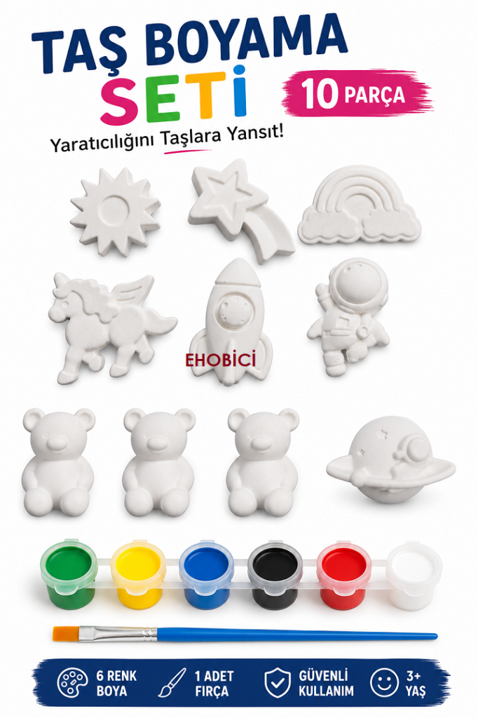 Ehobici Taş Boyama Seti 10 Parça Figür 6 Renk Akrilik Boya 5ml + Fırça