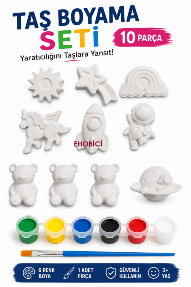 Ehobici Taş Boyama Seti 10 Parça Figür 6 Renk Akrilik Boya 5ml + Fırça