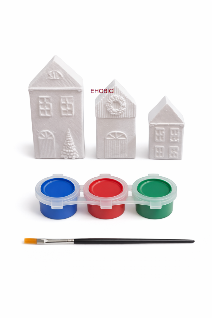 Ehobici Taş Boyama Seti Boyutlu Evler 3 Renk Akrilik Boya 5ml + Fırça