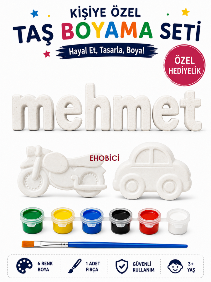 Ehobici Kişiye Özel Taş Boyama Seti 6 Renk Akrilik Boya 5ml + Fırça