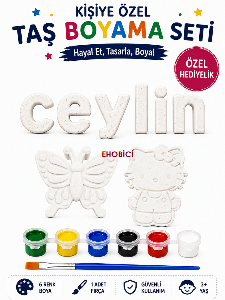 Ehobici Kişiye Özel Taş Boyama Seti 6 Renk Akrilik Boya 5ml + Fırça