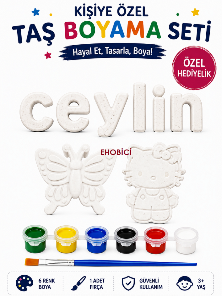 Ehobici Kişiye Özel Taş Boyama Seti 6 Renk Akrilik Boya 5ml + Fırça