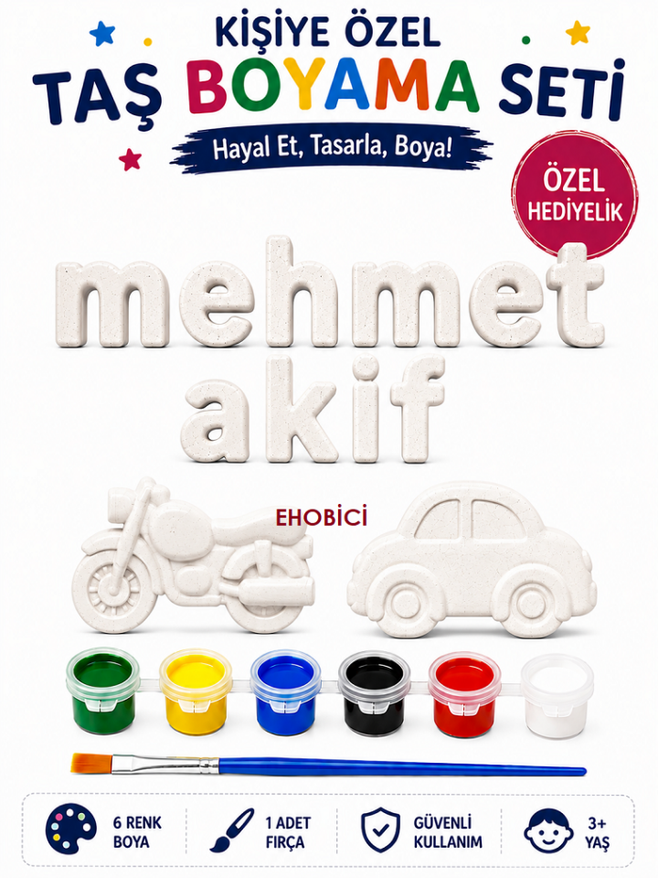 Ehobici Kişiye Özel Taş Boyama Seti 6 Renk Akrilik Boya 5ml + Fırça