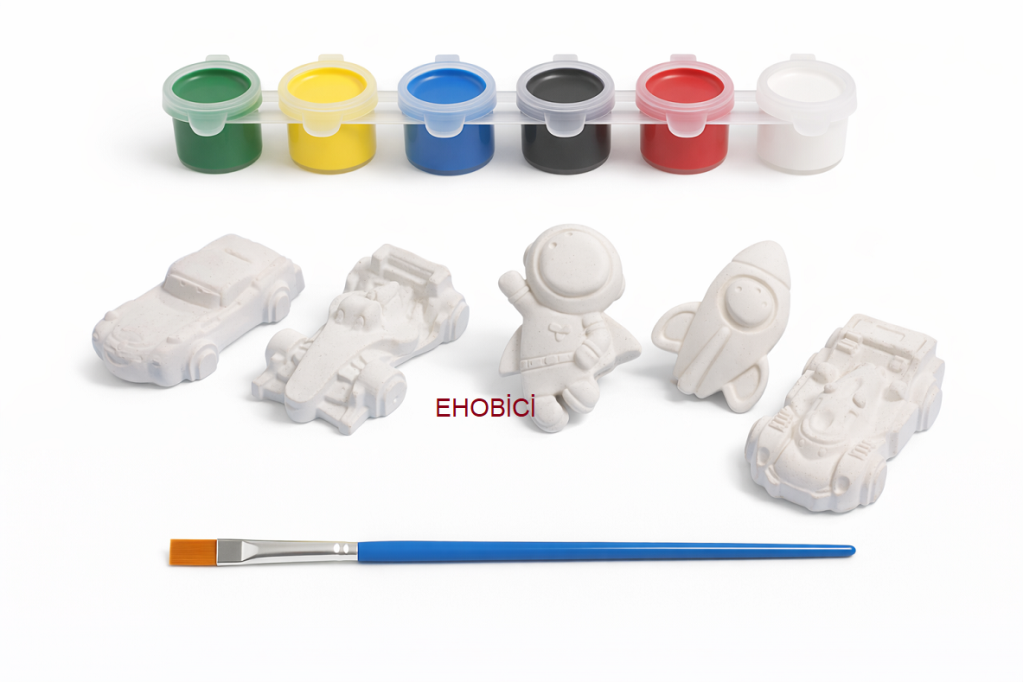 Ehobici Taş Boyama Seti Arabalar ve Uzay 6 Renk Akrilik Boya 5ml + Fırça