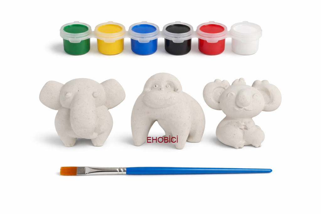 Ehobici Taş Boyama Seti Fil Goril Koala 6 Renk Akrilik Boya 5ml + Fırça