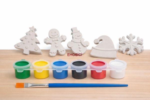 Ehobici Taş Boyama Seti Kış ve Yeniyıl 6 Renk Akrilik Boya 5ml + Fırça