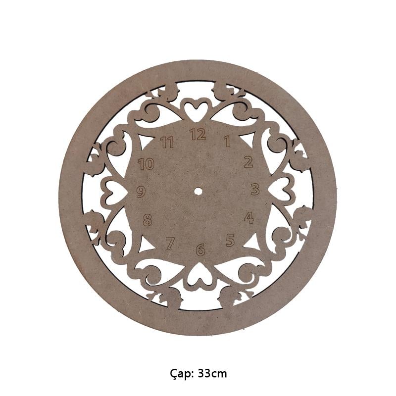 Ahşap Kuşlu Kalpli Saat - Çap 33cm