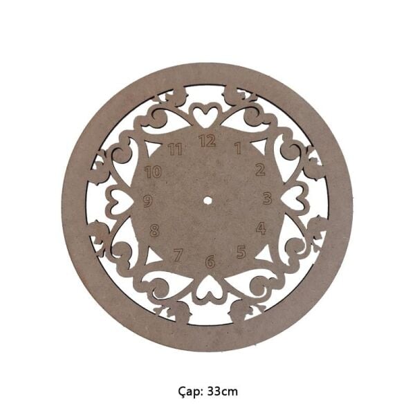 Ahşap Kuşlu Kalpli Saat - Çap 33cm
