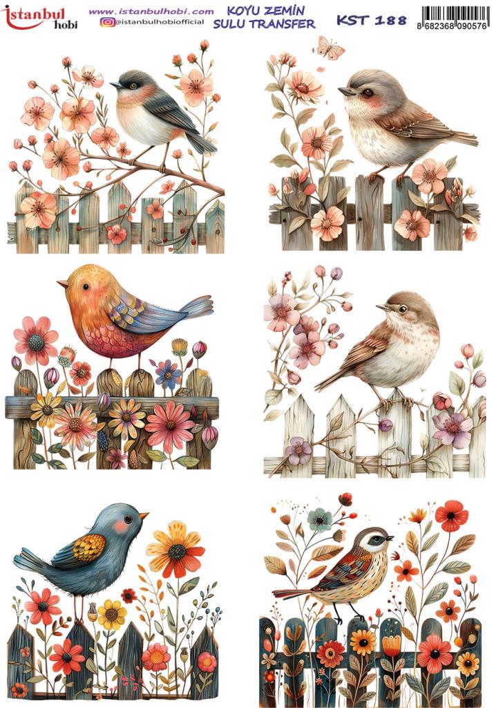 Koyu Zemin Sulu Transfer Kağıdı 25x35cm KST-188 Kuşlar