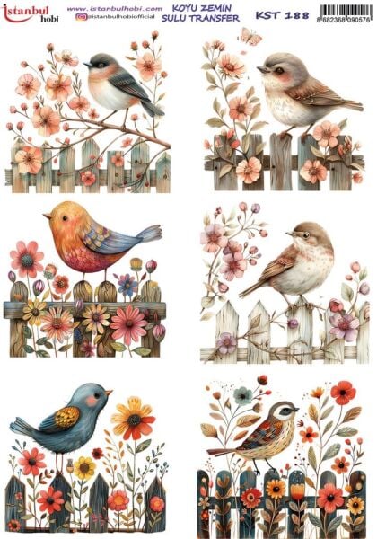 Koyu Zemin Sulu Transfer Kağıdı 25x35cm KST-188 Kuşlar