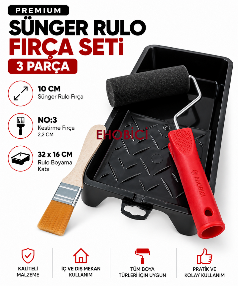 Ehobici Premium Sünger Rulo Fırça Seti 3 Parça