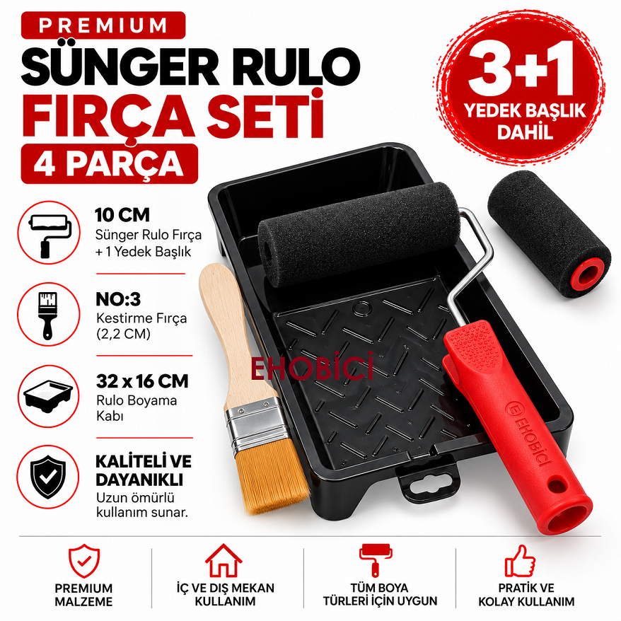 Ehobici Premium Sünger Rulo Fırça Seti 4 Parça