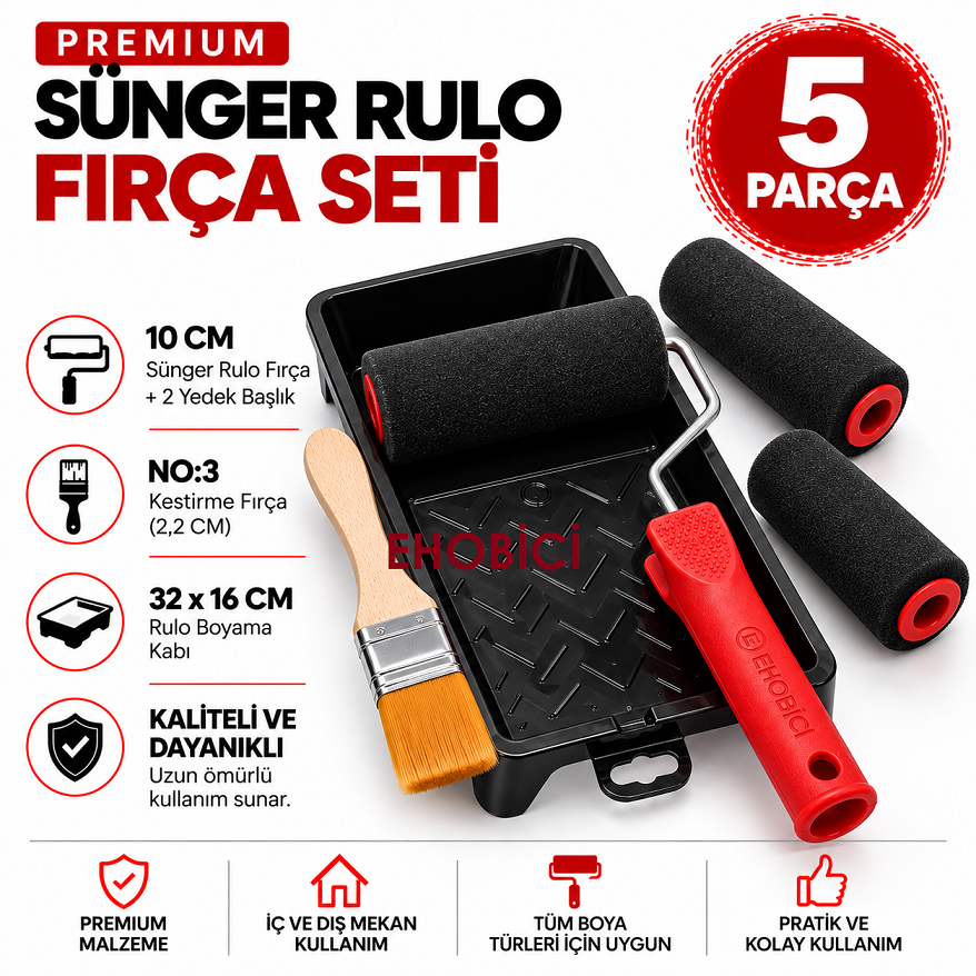 Ehobici Premium Sünger Rulo Fırça Seti 5 Parça
