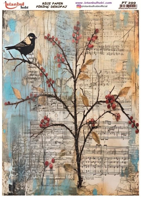 Pirinç Dekopaj Kağıdı 30x42cm PT-299 Ağaç Kuş Nota