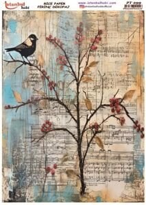 Pirinç Dekopaj Kağıdı 30x42cm PT-299 Ağaç Kuş Nota
