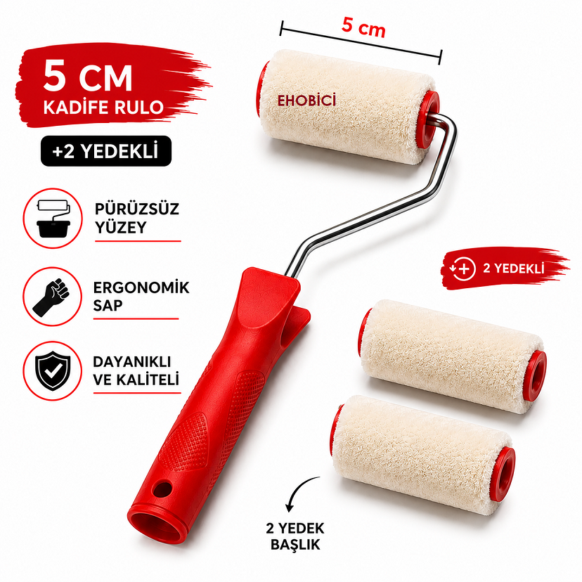 Kadife Rulo Fırça 5cm +2 Yedekli (Moher)