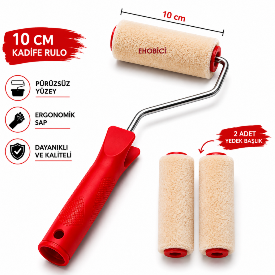 Kadife Rulo Fırça 10cm +2 Yedekli (Moher)