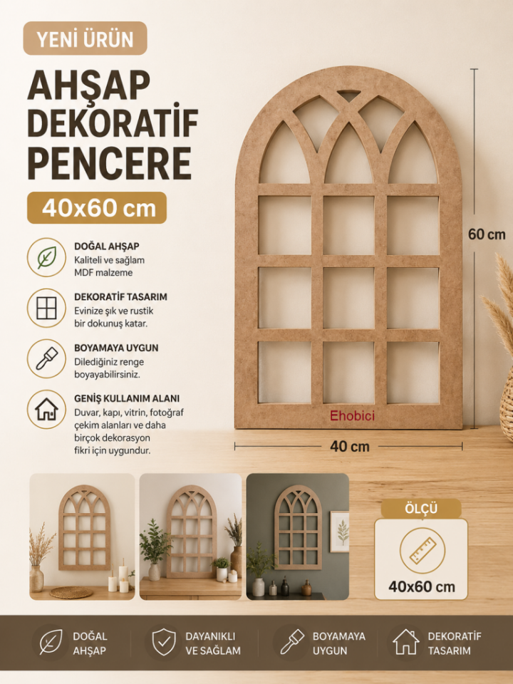 Ahşap Dekoratif Pencere 40x60cm