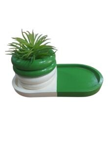 Oval Tabaklı Silindir Saksı Yeşil Beyaz 18x9,5cm