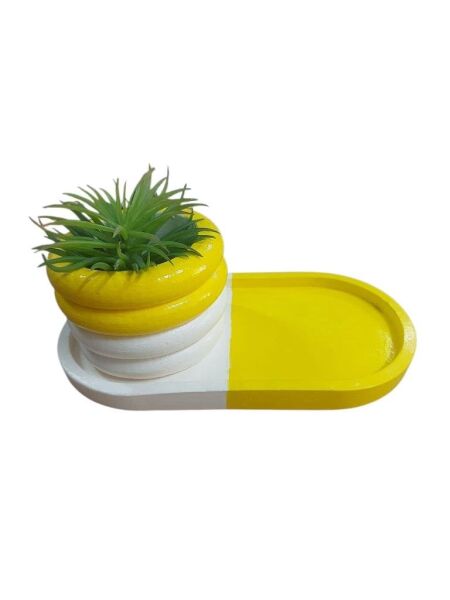 Oval Tabaklı Silindir Saksı Sarı Beyaz 18x9,5cm