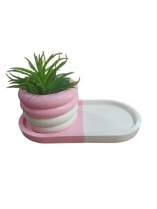 Oval Tabaklı Silindir Saksı Pembe Beyaz 18x9,5cm
