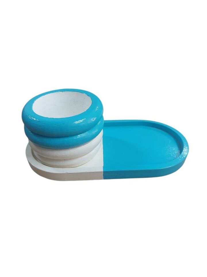 Oval Tabaklı Silindir Saksı Turkuaz Beyaz 18x9,5cm