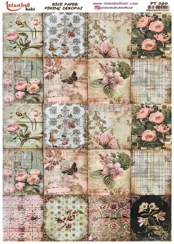 Pirinç Dekopaj Kağıdı 30x42cm PT-290 Çiçek Kelebek Karo