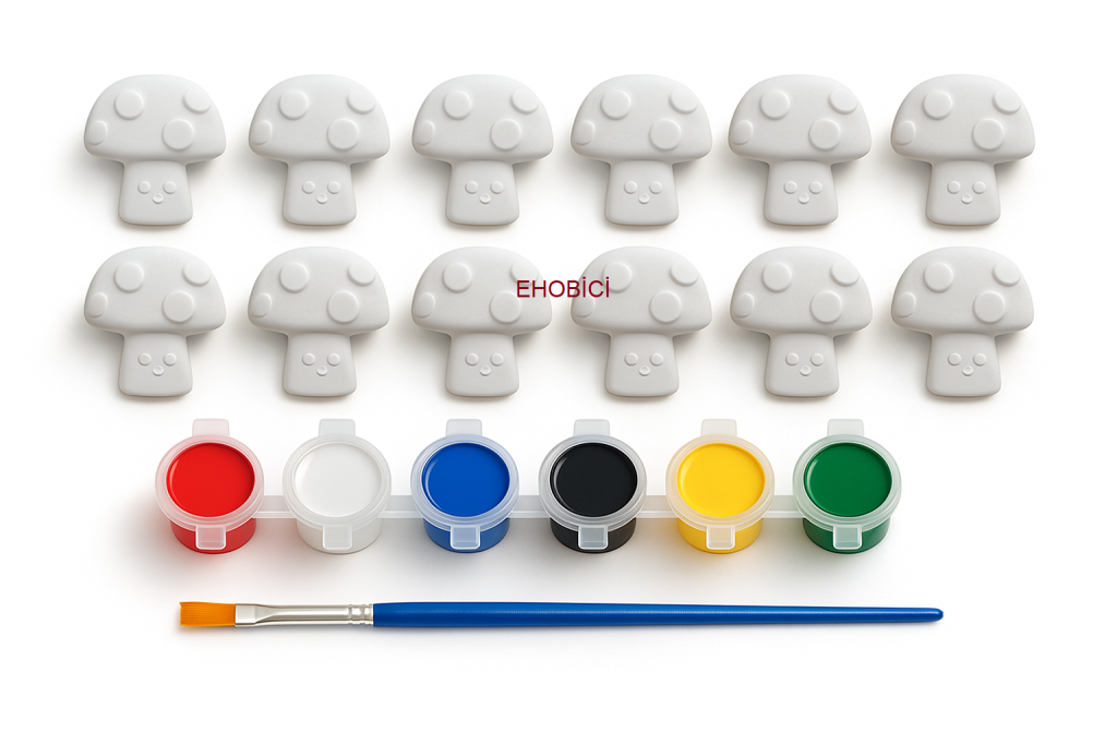 Ehobici Taş Boyama Seti Mantarlar 6 Renk Akrilik Boya 5ml + Fırça