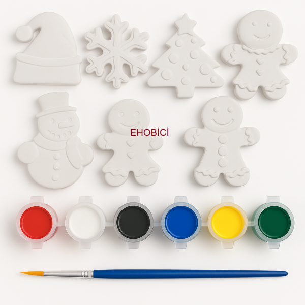 Ehobici Taş Boyama Seti Yılbaşı Yeniyıl 6 Renk Akrilik Boya 5ml + Fırça