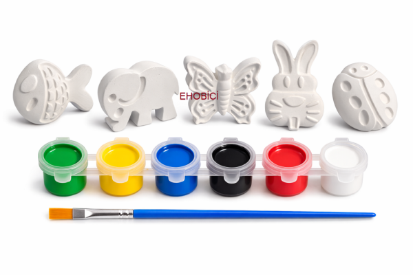 Ehobici Taş Boyama Seti 5 Parça Hayvanlar 6 Renk Akrilik Boya 5ml + Fırça