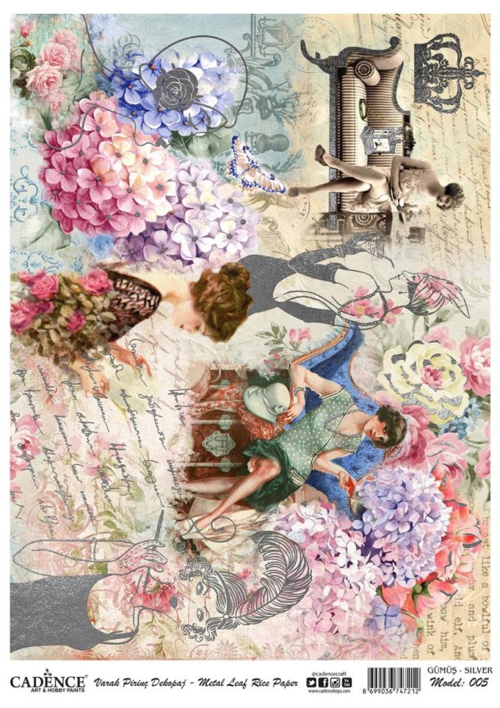 Cadence Desenli Gümüş Varak Pirinç Dekoapaj Kağıdı - Model 005