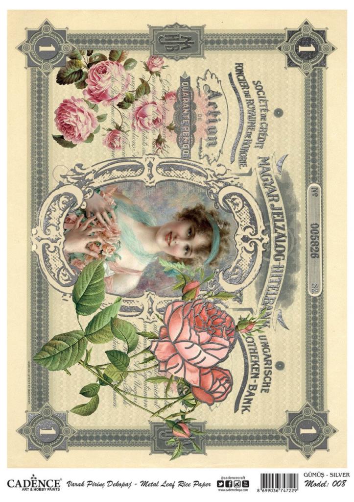 Cadence Desenli Gümüş Varak Pirinç Dekoapaj Kağıdı - Model 008