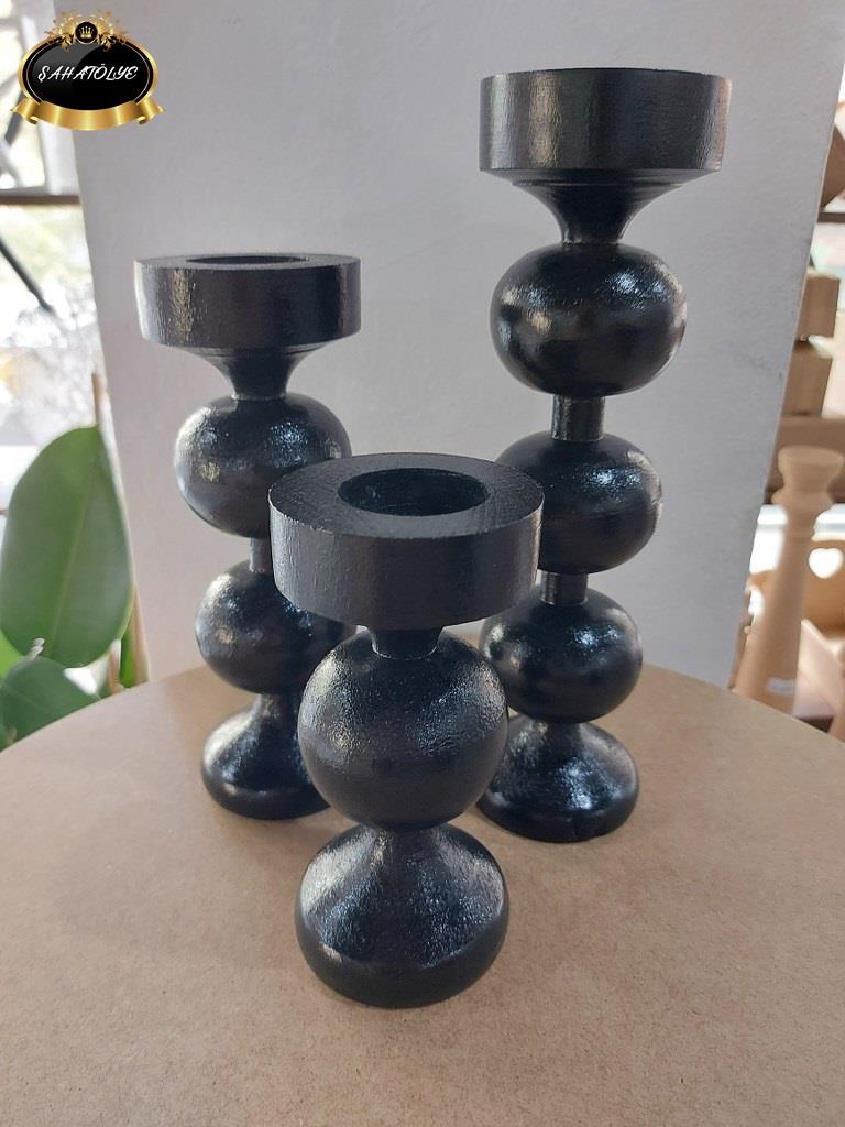 Ahşap Şamdan 3 lü Set Gürgen Ağacı - Siyah