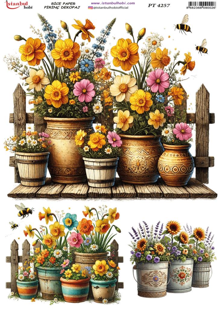 Pirinç Dekopaj Kağıdı 30x42cm PT-4257 Saksıda Çiçekler