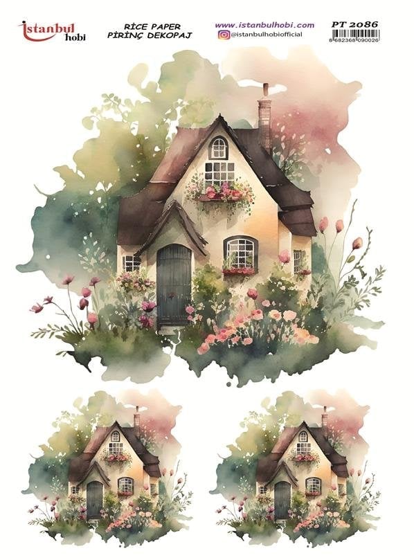 Pirinç Dekopaj Kağıdı 30x42cm PT-2086 Sulu Boya Ev