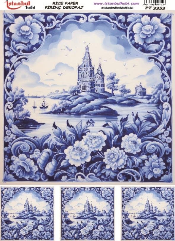 Pirinç Dekopaj Kağıdı 30x42cm PT-3353 Mavi Çiçekler Manzara