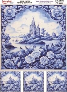 Pirinç Dekopaj Kağıdı 30x42cm PT-3353 Mavi Çiçekler Manzara