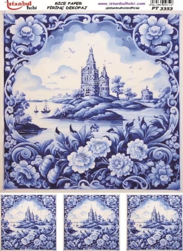 Pirinç Dekopaj Kağıdı 30x42cm PT-3353 Mavi Çiçekler Manzara