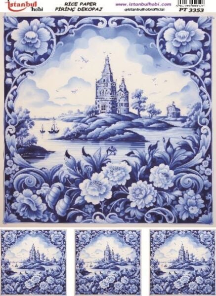 Pirinç Dekopaj Kağıdı 30x42cm PT-3353 Mavi Çiçekler Manzara