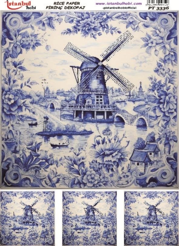 Pirinç Dekopaj Kağıdı 30x42cm PT-3336 Mavi Çiçek Yel Değirmeni
