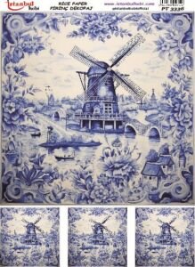 Pirinç Dekopaj Kağıdı 30x42cm PT-3336 Mavi Çiçek Yel Değirmeni